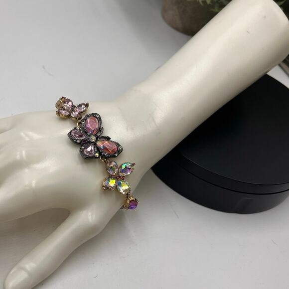 Betsey Johnson Pink AB Rhinestone Gunmetal Butterfly Blitz Bracelet size 8.25" - Picture 3 of 9